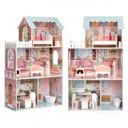 Medinis trijų aukštų lėlės namelis Barbie su baldais